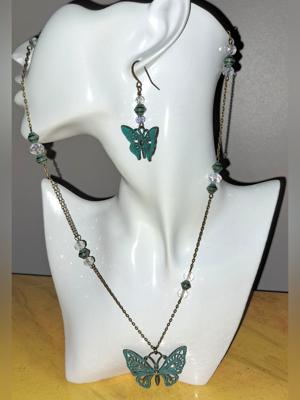 Swarvoski Rhinestone & Crystal Bead Patina Butterfly Bronze Pendant & Earrings